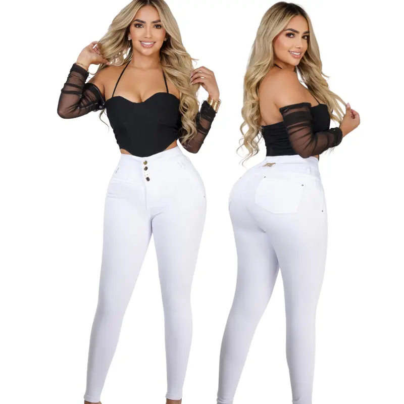 Women's Colombiano BBL Denim Jeans - Slim-Fitting Skinny Bottoms with Elastic Waist, Belt Loops, Button Front, Versatile for 2 Seasons, Pair with Crop Tops for Outfit Inspiration