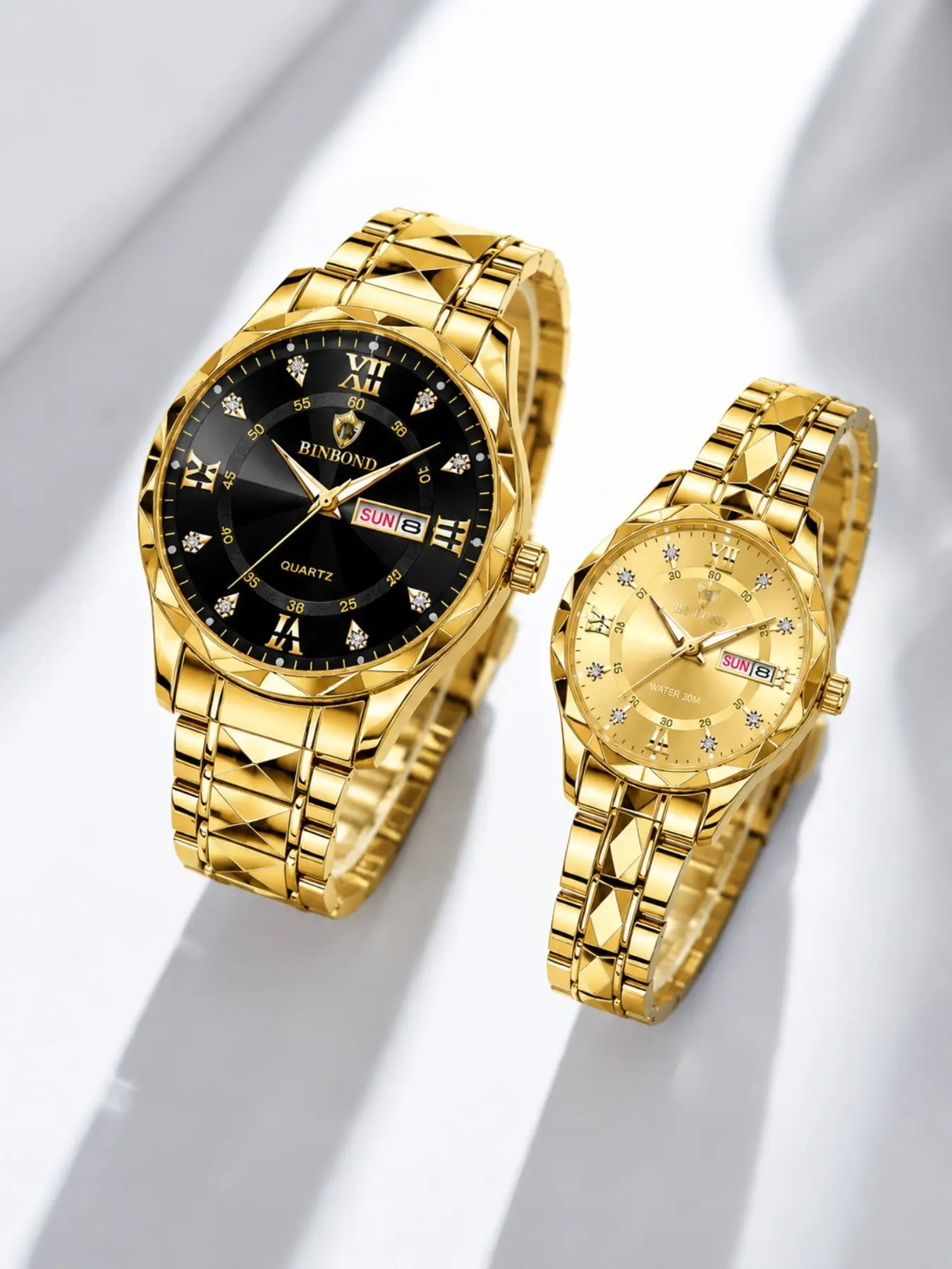 2pcs/set Couple Watches, Waterproof Quartz Watch, Analog Wristwatches, Luminous Quartz Watch, Luxury Fashion Watch, Fashionable Watch, Rhinestone Dial, Rhinestone Wristwatch, Calendar Date Function, Night Glow Hands, Stainless Steel Strap