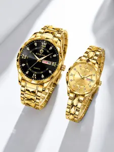 2pcs/set Couple Watches, Waterproof Quartz Watch, Luxury Fashion Watch, Rhinestone Dial, Calendar Date Function, Night Glow Hands, Stainless Steel Strap