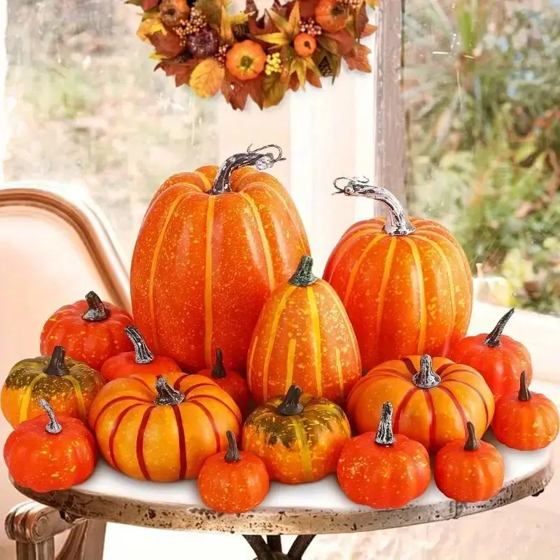 16pcs Pumpkin Autumn Decoration Set, Large & Small Sizes, Foam Plastic, Perfect for Halloween, Thanksgiving, Fall Decor, Outdoor