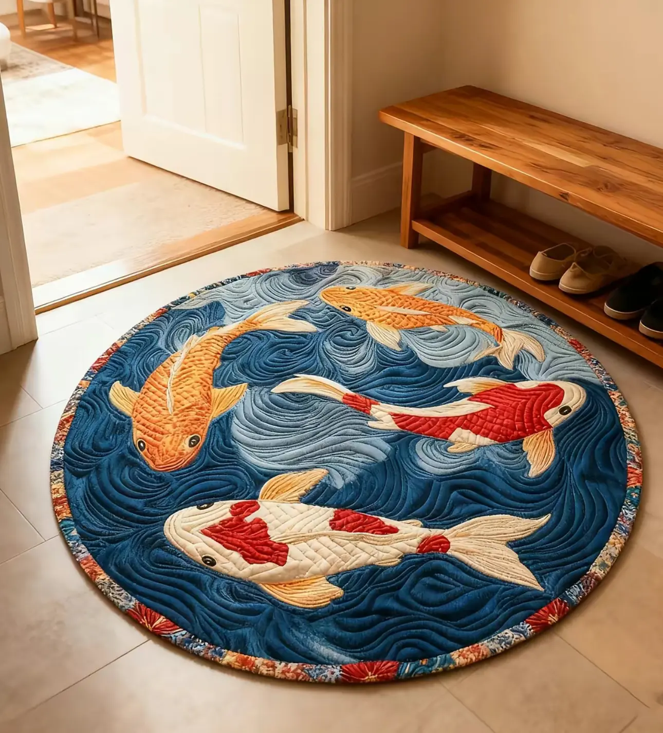 Velvet Fabric Round Koi Fish Animal Motif Area Rug - Non-Slip Washable Indoor Decorative Rug, for Living Room, Bedroom Asian Home Decor, Rugs For Bedroom