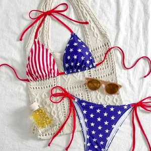 Women's Cute USA Flag Bikini Set with Red Bow Beach Summer Pool Wear for Patriotic Vibes suit