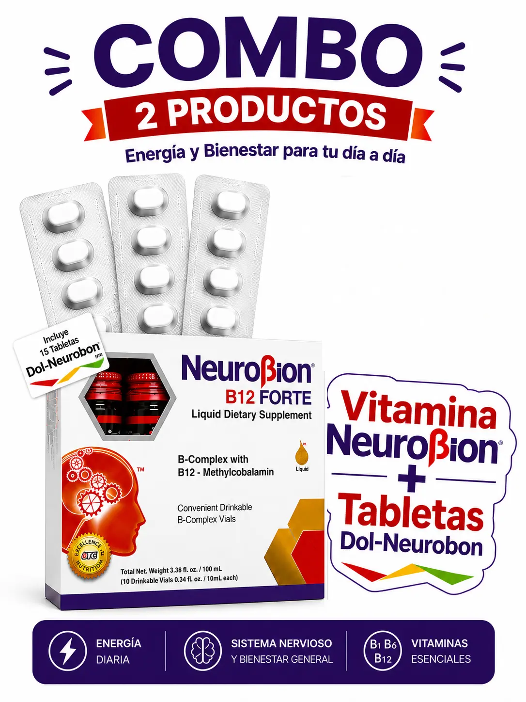 Combo NeuroB Forte - 1 Caja Neuro Bebible mas 15 o 30 Tabletas Do Nerou - Edible Liquid Vitamin Supplement Combo - Metabolism Support, Dietary and Fitness Nutrition Aid, Daily Support Supplement.