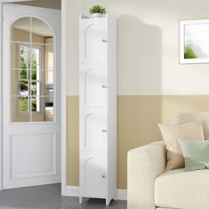 Bathroom Storage Cabinet, Tall Corner Floor Cabinet with 4 Doors and Adjustable Shelf, Narrow Toilet Paper Cabinets, Bathroom Organizer for Small Spaces, 11" D x 11" W x 70.9" H White