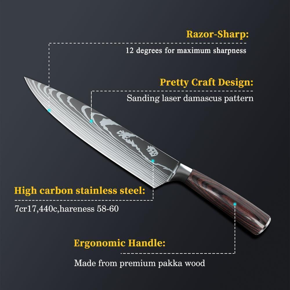 Japanese Chef's Knife - 8 Inch Sharp Kitchen Knife, Damascus Style Stainless Steel Professional Kitchen Knife for Slicing with Sheath, Box Knife Body Wooden