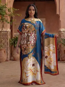 Elegant Floral Print Long Robe and Headscarf Set, Boho Style Beach Cover-Up with Sun Protection, Women's Lightweight Satin Scarf
