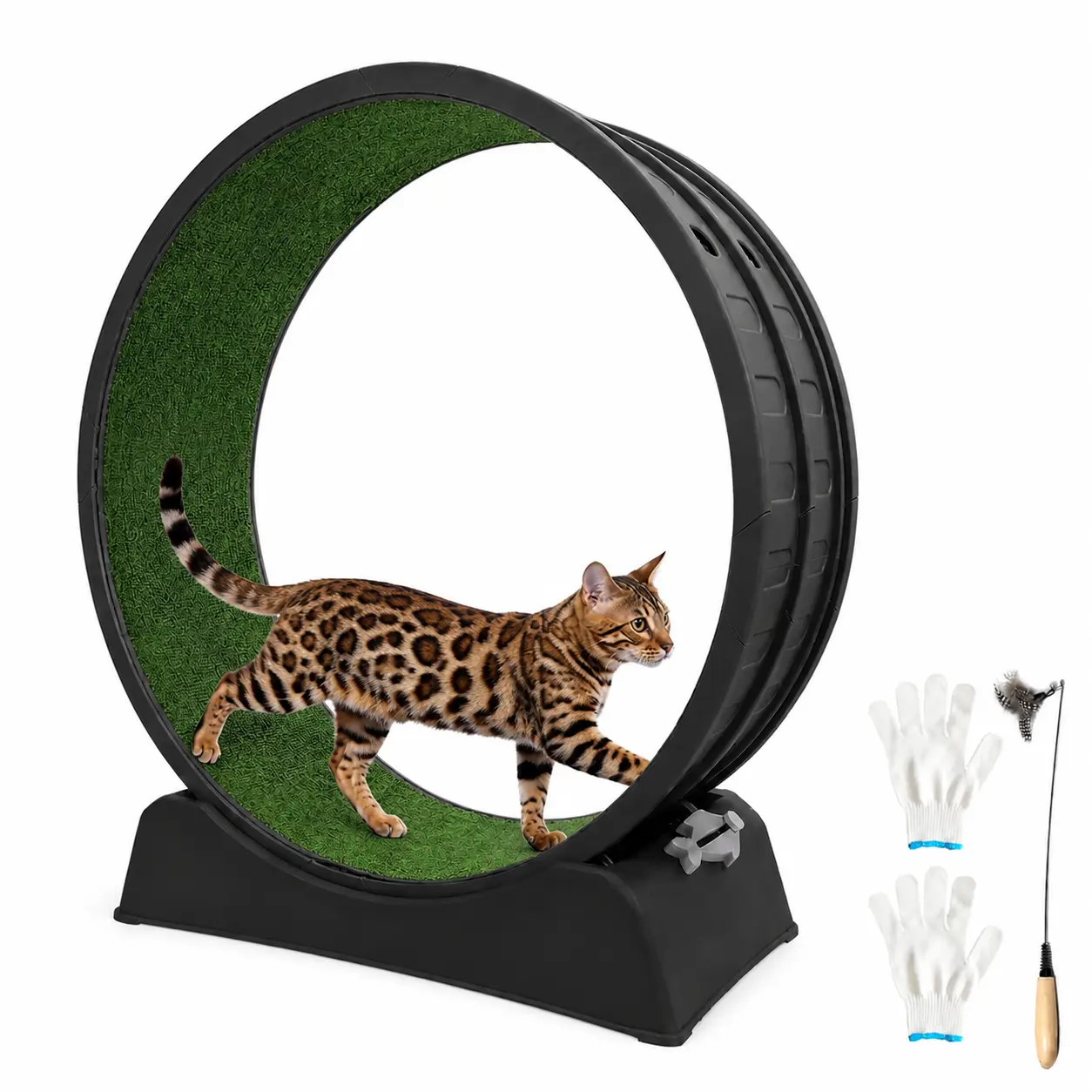 33" Large Cat Wheel for Indoor Cats, Cat Treadmill with Detachable Carpet & Teaser for Running/Walking/Training, Cats Exercise Wheel Suitable for Most Cats Kitten - Black