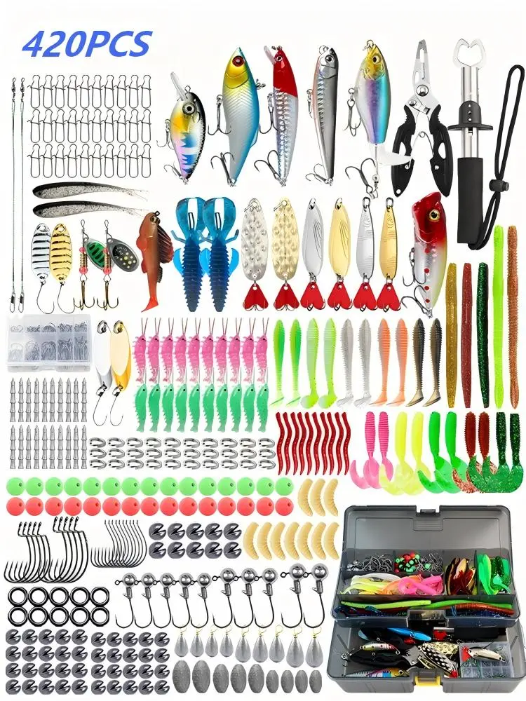 420 Pcs Fishing Equipment Lures Kit - 2026 New Tackle Box with VIBs, Minnows, Soft Baits, Hooks, Weights, and Other Tackle Accessories, Freshwater Bass Fishing Gift for Men