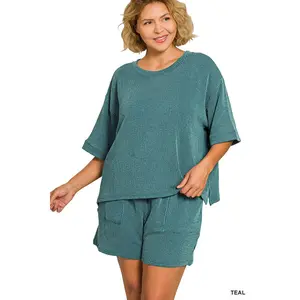 Plus Size Ribbed Lounge Set – Curvy Short Sleeve Oversized Tee & Pocket Shorts Two Piece Outfit (1X–3X)