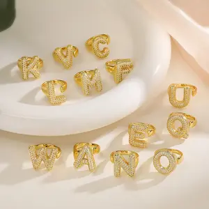 gold Color Crystal A-Z 26 Letters Statement Rings for Women Copper Gold Plated Initial Name Ring Women Jewelry