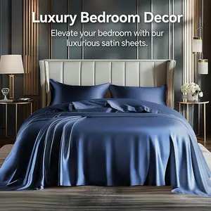 3/4 PCs Satin Sheets Bed Set, Luxury Soft Airy Blue Silky Sheets for Hair and Skin, Similar to Silk Bed Sheets Set 3/4 Pieces with 1 Deep Pocket Fitted Sheet, 1 Flat Sheet, and 1/2 Pillowcase