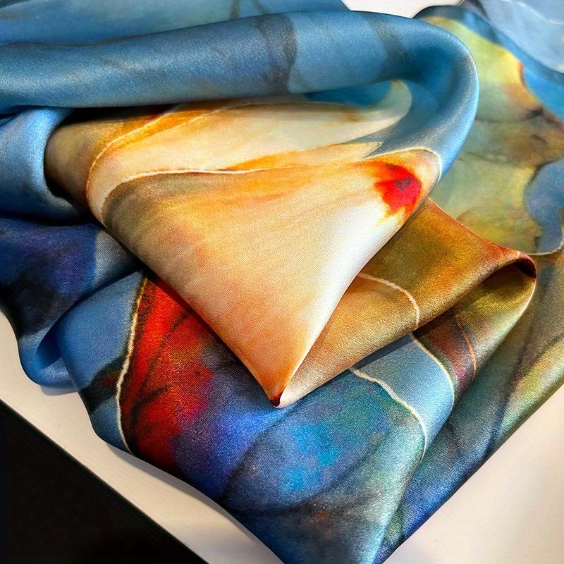 Elegant faux silk scarf—women’s headscarf, women’s handkerchief/silk scarf with a blue lotus design; women’s style; sleep headscarf; ideal for parties, formal events, and everyday wear.