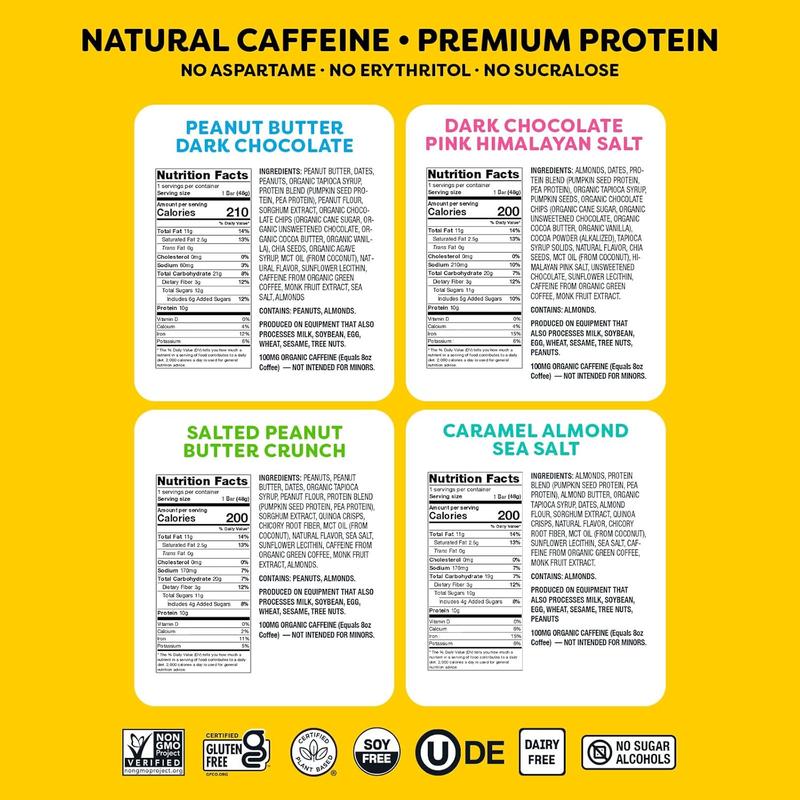 Quantum Energy Square: 100mg Caffeine & 10g Protein Energy Bar. Vegan, Gluten-Free, Soy-Free, Dairy-Free. 8-Pack Variety Pack. Perfect for Work, School, Travel.
