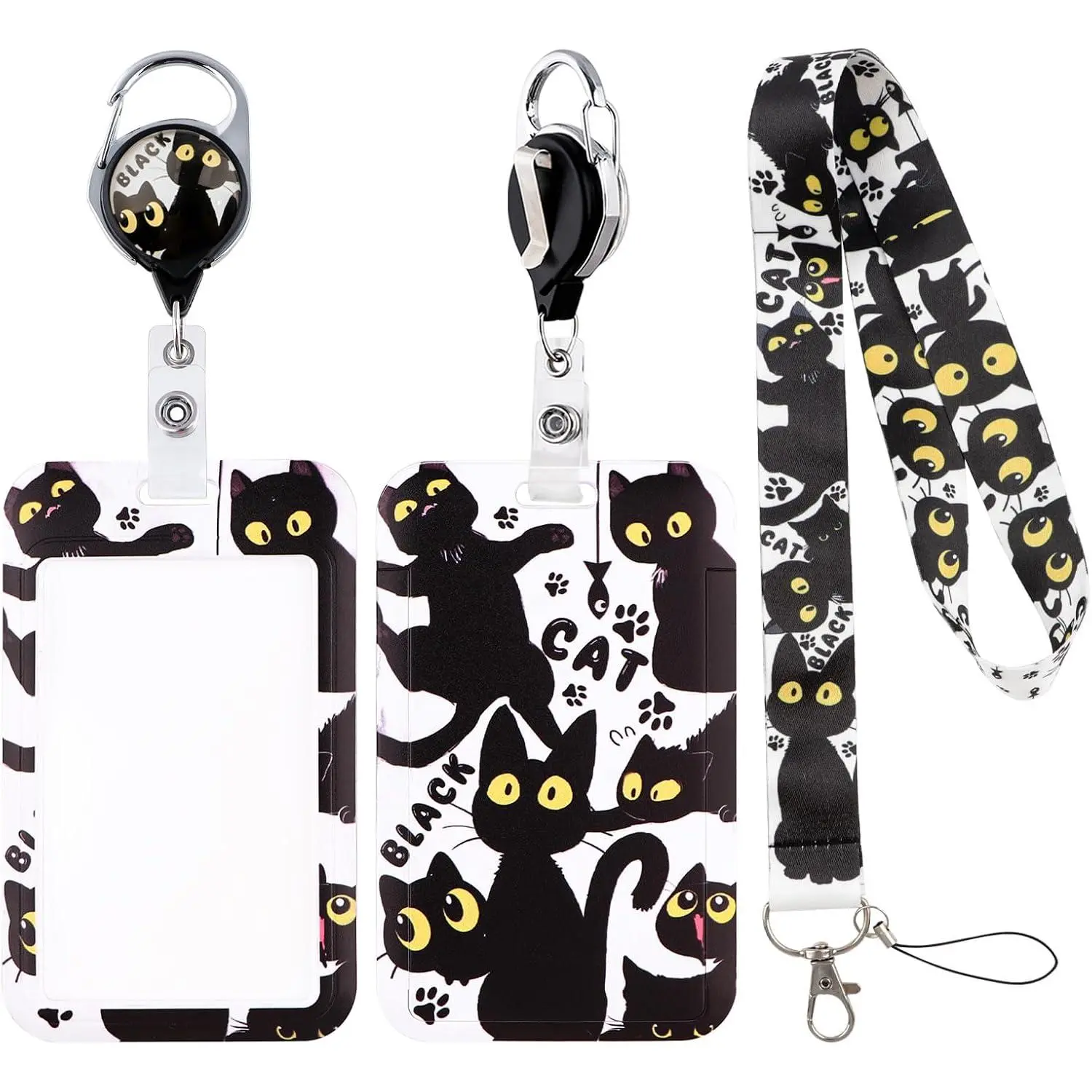 Black Cats Lanyards for ID Badges, Funny ID Badge Holder with Lanyard Retractable Badge Holder Reel, Nurse Teacher Office Gifts