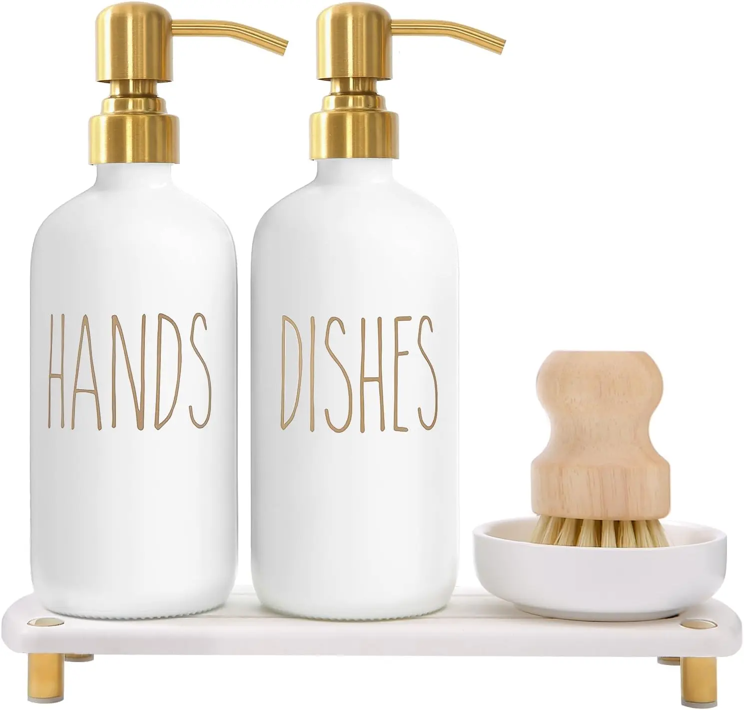Minimalist Ceramic Gold Hand Soap Dispenser Set with Stainless Steel Pumps, Smooth Instant-Dry Tray, Reusable Dish Scrub Brush - Ideal for Daily Cleaning in Farmhouse Kitchen & Home Bathroom Supplies