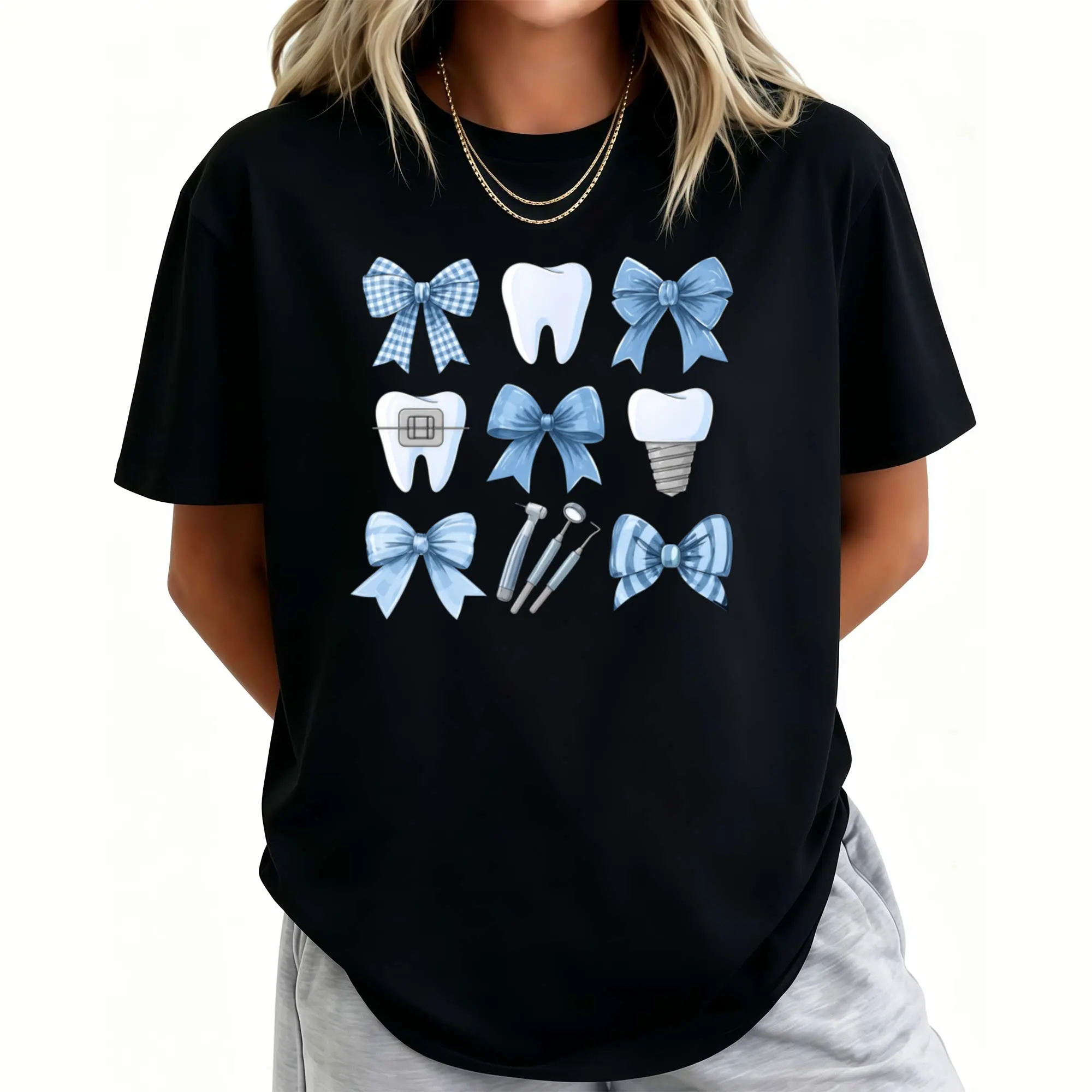 Women'S & Men'S Cute Teeth & Dental Assistant Graphic T-Shirt - Soft Breathable  -Like Fabric, Lightweight Crew Neck Short Sleeve with Smiling Teeth & Dental Tools Print - Unisex Casual Work & Everyday Shirt for Dentists