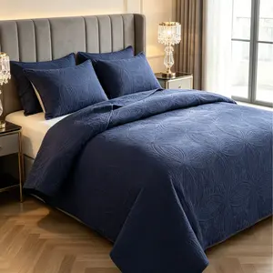 【Deep Color Series】Dark Blue Ultrasonic Quilt Set, 3 Piece Queen Size Bedding, Outdoor Vibe Coverlet, Stitch-Free Soft Bedspread for Bedroom Dorm, Machine Washable