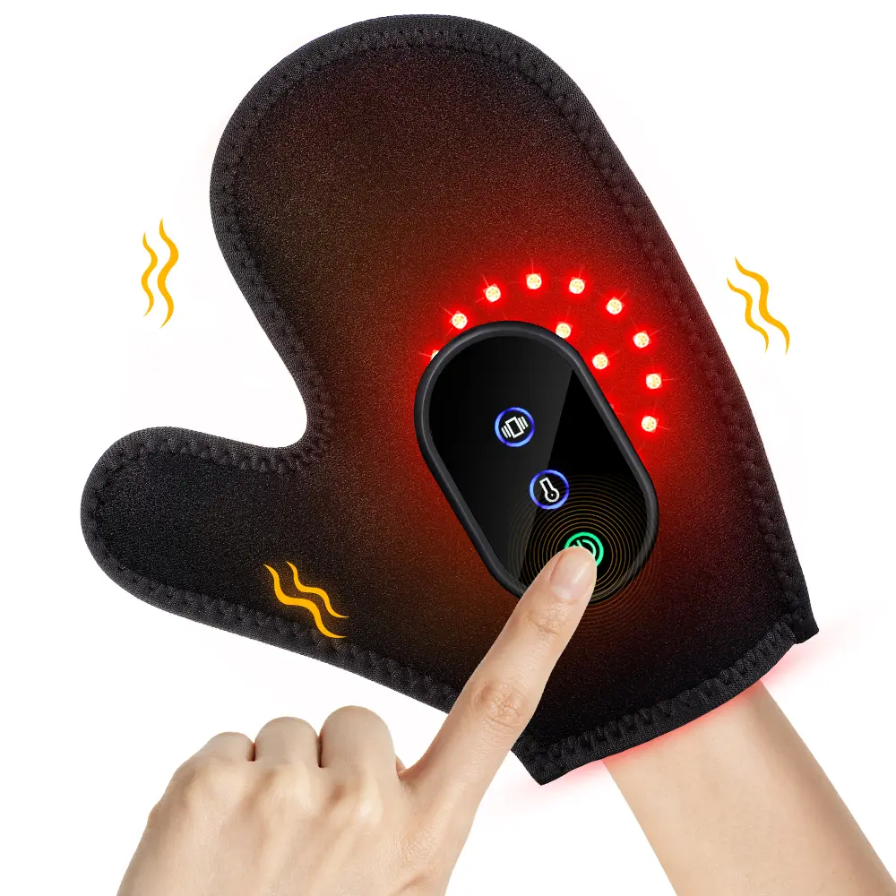 Cordless Graphene Heated Vibration Hand Massage Glove with 24 Red LED Light Therapy, 3 Heat & 3 Vibration Levels, LCD Touch Screen, 2000mAh Rechargeable Hand Warmer Wrap, 15-Min Auto Timer Fits Left & Right Hands
