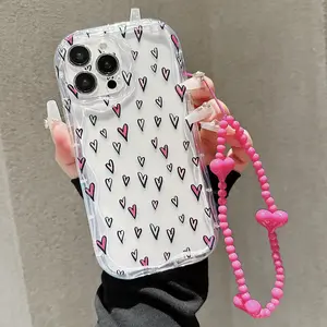 Heart Pattern Clear Phone Case with Beaded Wrist Strap, Decorative Phone Protector Cover, Phone Accessories Compatible with iPhone 11 12 13 14 15 Series