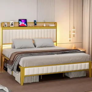 GARVEE Modern Full Size Platform Bed Frame with RGB LED Lights, Charging Station, Metal Frame, Storage Headboard, Easy Assembly, Grey