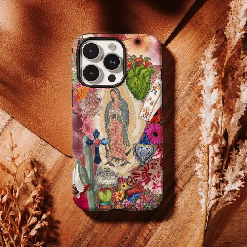 Virgen De Guadalupe Mexican Folk Art Phone Case –Amor Eterno Floral Cactus Collage, Sacred Heart,phone Case Suitable for Iphone 11/12/13/14/15/16/17 Pro Promax Plus Air