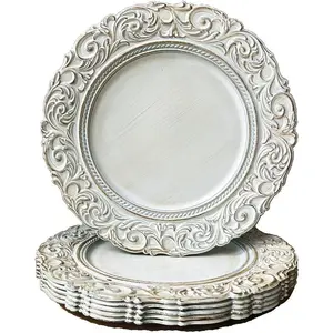 Antique Charger Plates, 13 Inch White Dinner Plate Chargers Round Server Ware. Set of 6 Plastic Embossed Charger for Dinner, Party, Wedding, Elegant Tableware Decoration. (White)