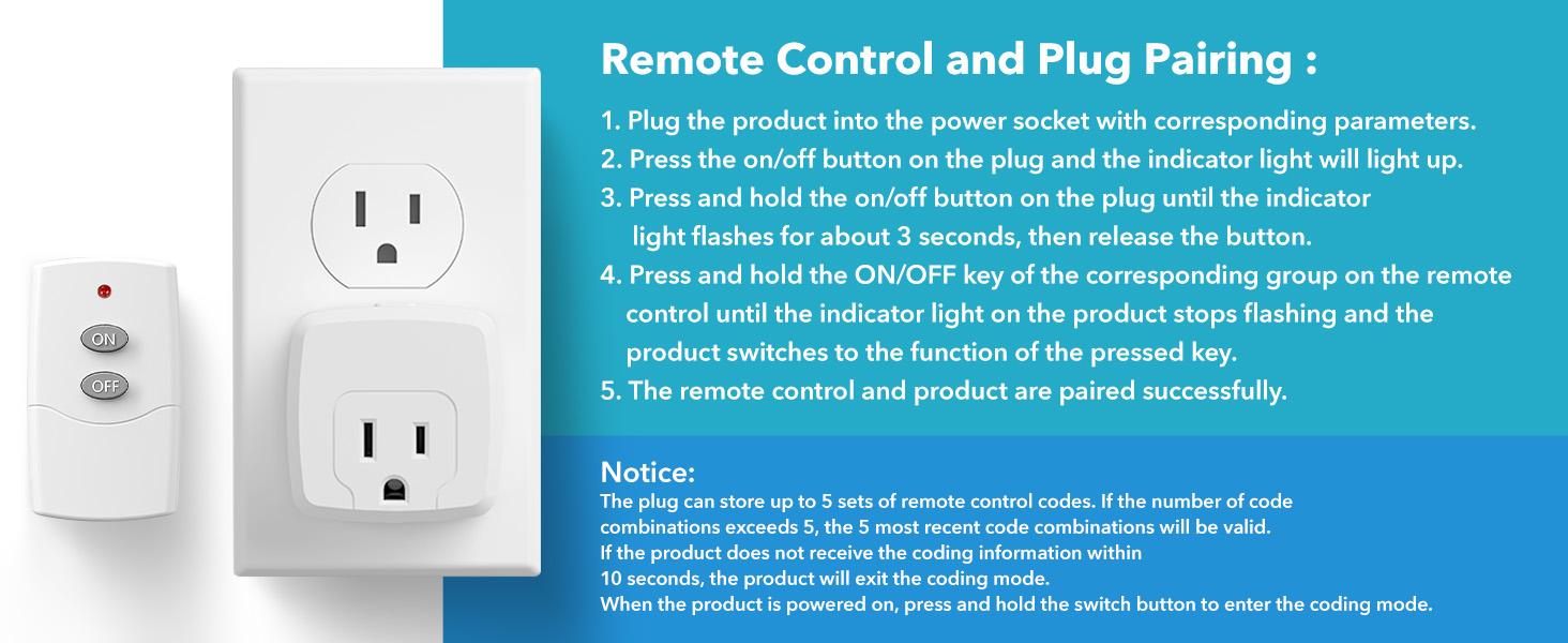 HBN Remote Control Outlet with 100FT RF Signal, Wireless On Off Switch Plug for Household Appliances, Battery Included, 15A/1875W(1 Outlet + 1Remote)