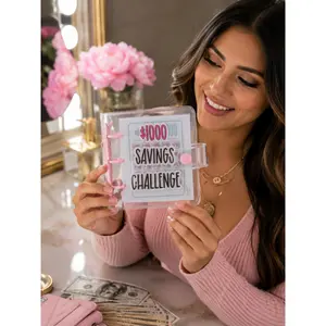 $1000 Savings Challenge Binder with Clear PVC Cover, Reusable Budget Book for Women, Cute Cash Envelope Wallet Organizer for Money Saving Goals, Portable Finance Planner for Christmas Gifts, Birthday Gifts for Mom Wife Girlfriend, Holiday Budget Tracker