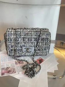 Pre-owned CHANEL Métiers d’Art Collection CF Mini Flap Bag (Large Mini / 30 Series) Blue Tweed with Houndstooth Pattern, Woven Trim & Pearl Details, Chain Strap, 98% New, 30 Series (Microchip Era)