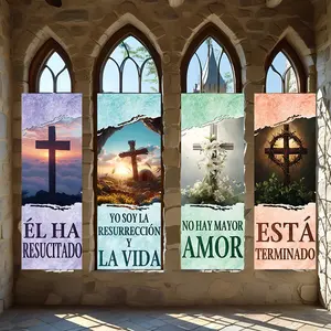 4 Pcs Religious Banners, Polyester Material Christian vertical hanging banners with religious cross scripture design for Easter church home indoor wall decoration
