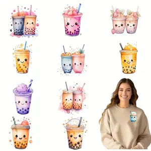 Cute Boba Design DIY Iron-on Transfers, Washable Heat Press Decals for T-shirts, Masks, Jeans & Backpacks, DIY Clothing Decals