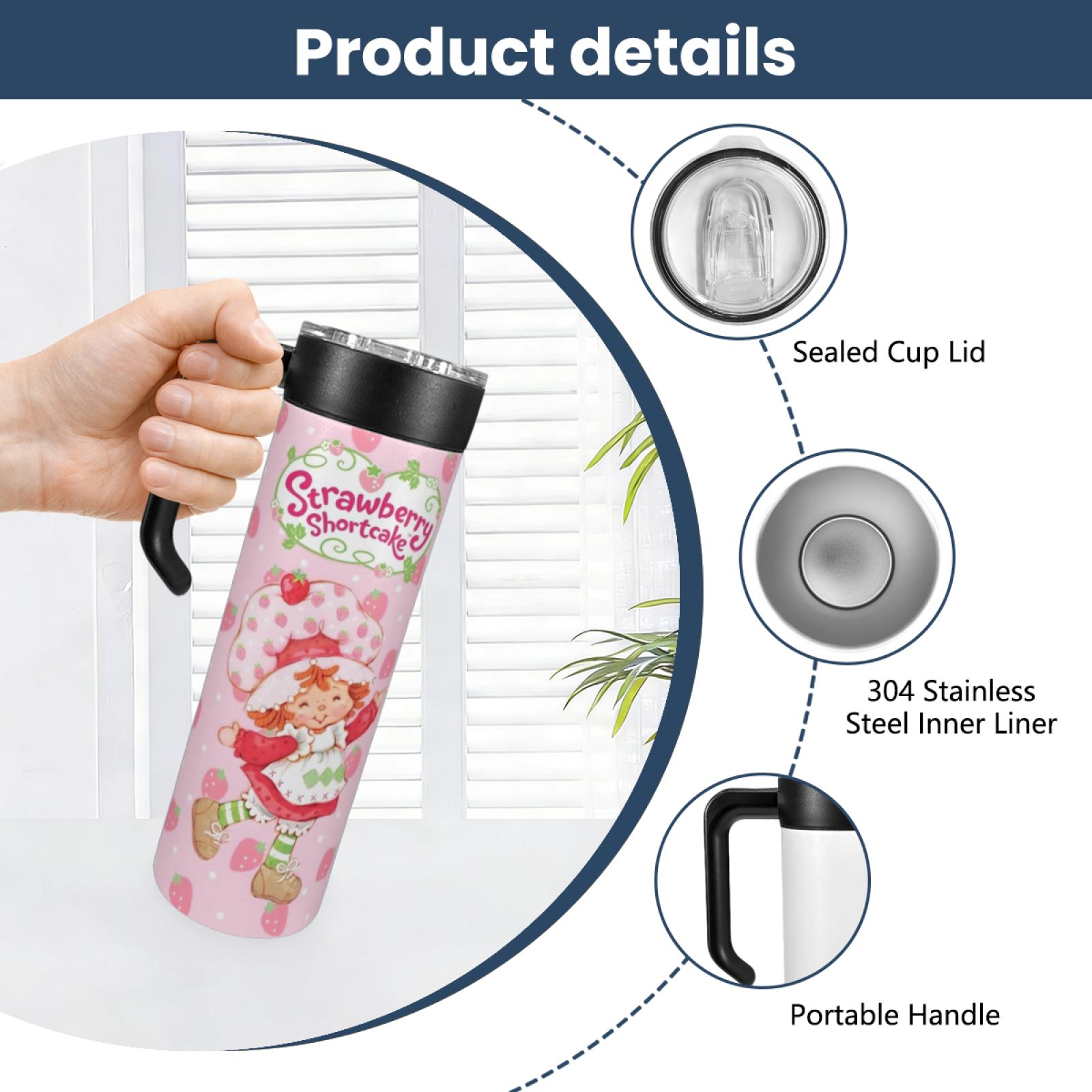 20oz New Stainless Steel Insulated Tumbler Strawberry Shortcake Design with Handle Leak-Proof Lid Portable Water Bottle for Home Office School TikTok Viral Cup Trending Aesthetic Reusable Gift Cute Girls Tumbler