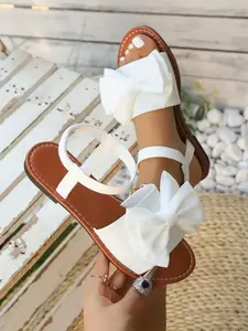 French Gentle Bow Sandals, Girlish Style, PU Upper Material, Rubber Sole, Less Than Ankle Height, Solid Pattern, Casual Wear