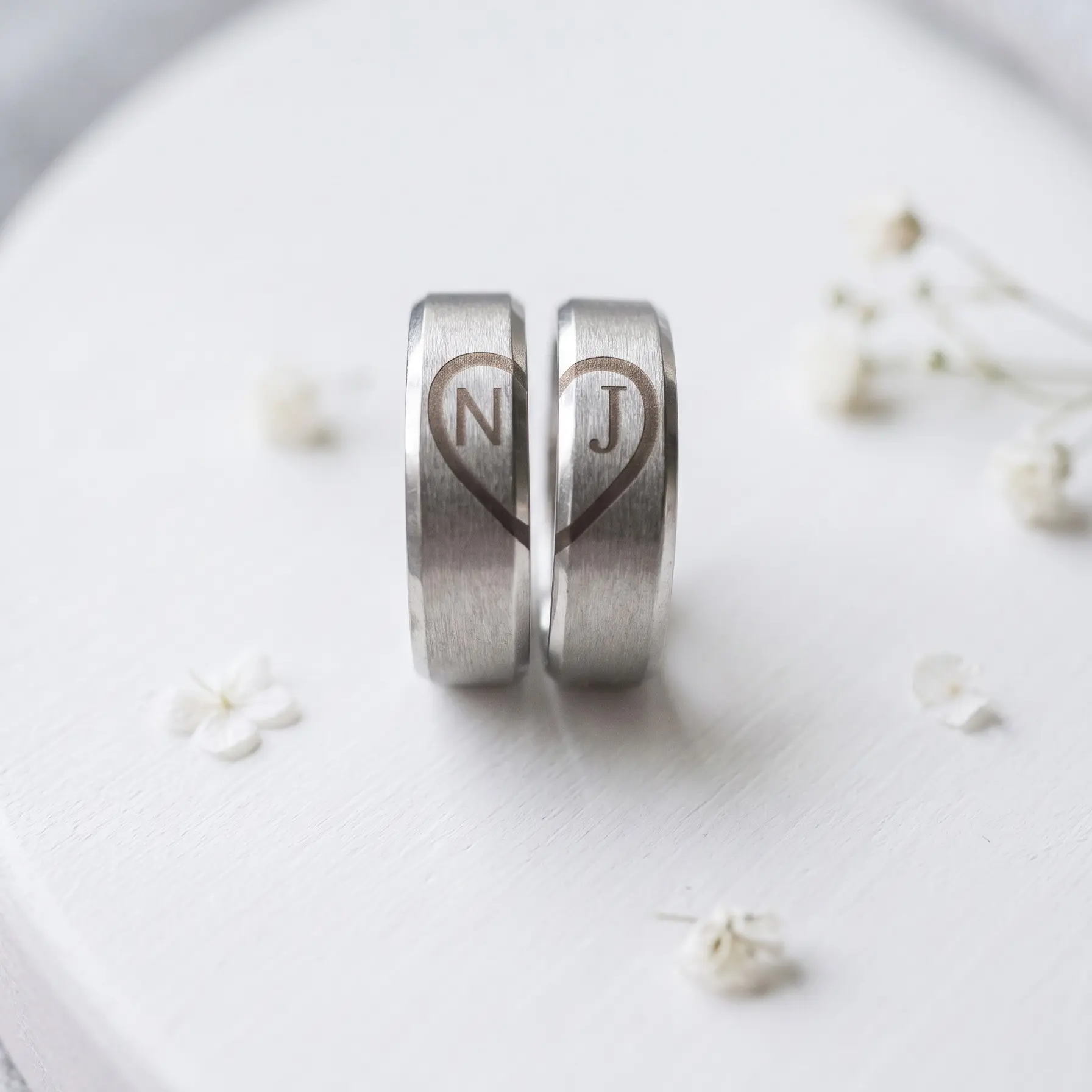 Personalized Couple Rings – Engraved Initials Heart Design