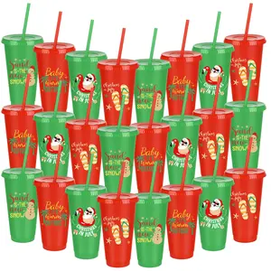 24 Pcs Christmas in July Plastic Cups 24 Oz Reusable Summer Christmas Party Cups with Lids and Straws Thick Plastic Tumbler Bulk for Summer Christmas Party Supplies