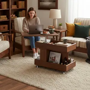 Wayshome 100% Solid Oak Lift Top Coffee Table for Living Room, Small Wood Coffee Table with Rolling Wheels and 360° Rotating Desktop for Dining Room, Bedroom and Small Places, No Need to Install(Natural,Walnut )