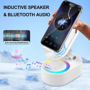[valentinesdaygift] AKLLCCR Cell Phone Stand with Induction/Bluetooth Speaker and Colorful Ambient Light/Power Bank 5-in-1, 5.3 HD Surround Subwoofer Sound,300° Rotable Foldable Lift-Non-Slip Base, Fits Smart Phones