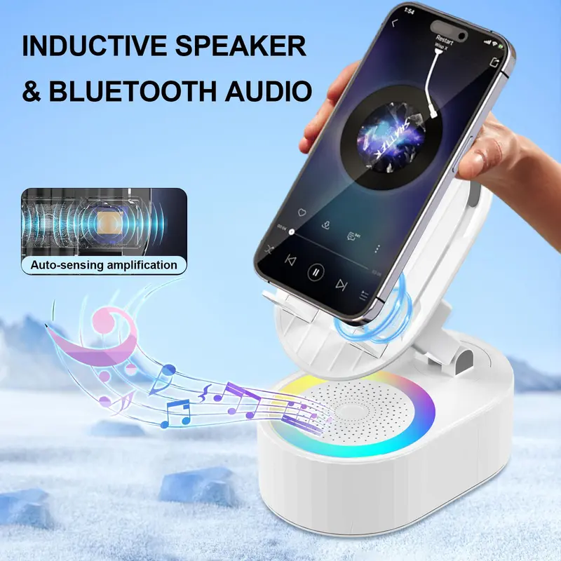 AKLLCCR 5-in-1 Smartphone & Cellphone Mount - USB Charger, Color Changing LED Light, Bluetooth Speaker, Portable Power Bank, 5.3 HD Surround Subwoofer, 300° Rotatable Foldable Lift, Non-Slip Base for Travel, Charger for iPhone All Devices
