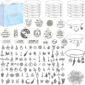 Mixed DIY Jewelry Making Kit, 171pcs Necklace Bracelet and Earring Making Kit with Gift Box, Includes Expandable Blank Bracelet, Pendant, Open Hoop and Earring Hook, Beads Charms Accessories