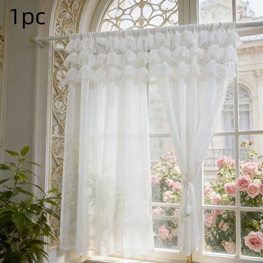 1pc French Romantic Princess Style Triple Hem Curtain, Pole Insert Design, Suitable for Home, Restaurant, Coffee Shop, Multi-Scene Use