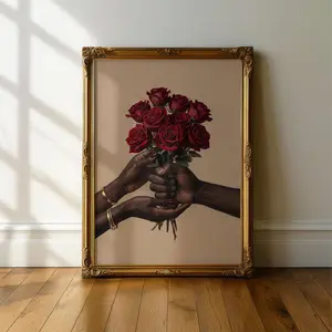Black Love Bouquet Wall Art, African American Woman Print, Sensual Black Couple Red Roses Poster