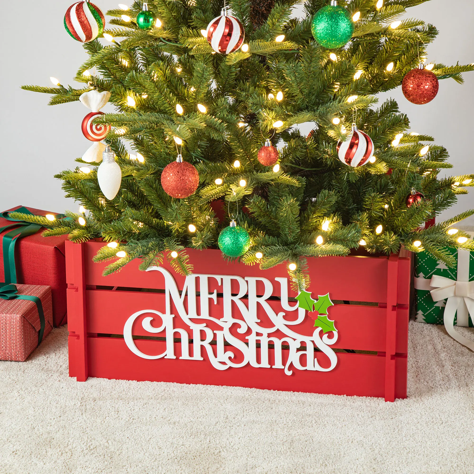 Glitzhome Farmhouse Red "MERRY CHRISTMAS" Wooden Crate Tree Collar, 27"L/24"L Size, KD Design, Festive Home Decor