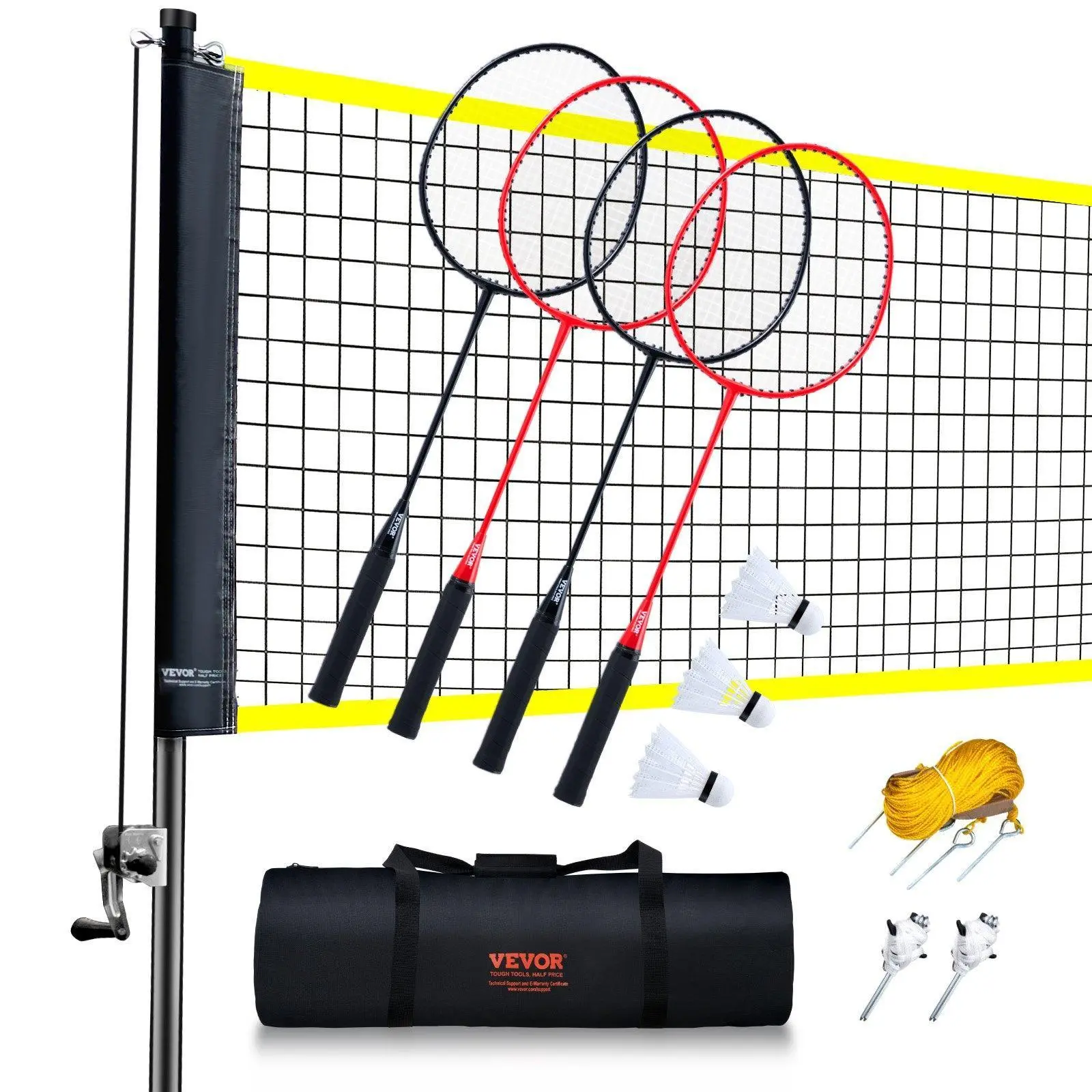 VEVOR Portable Badminton Anti-Sag Net Set, 20-Foot Tension System, Poles, 4 Iron Rackets, 3 Nylon Shuttlecocks, Carrying Bag for Backyard 2-on-2 Games, for Adults#BacktoSchool, Includes Rackets