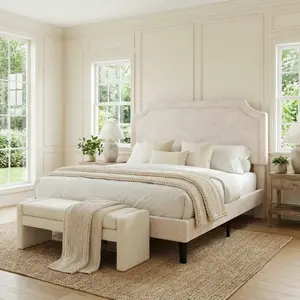 HOOMIC Upholstered Platform Bed Frame, Velvet/Chenille Finish with Adjustable Headboard, Wood Slats, No Box Spring Needed, Full/Queen/King Sizes in White/Beige/Black/Grey/Khaki Yellow