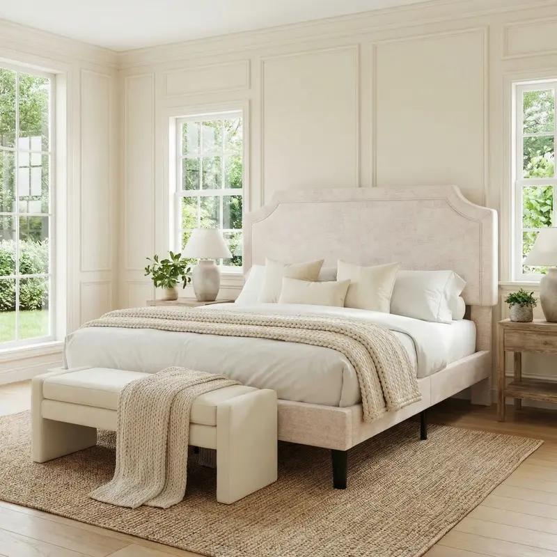 HOOMIC Upholstered Platform Bed Frame, Velvet/Chenille Finish with Adjustable Headboard, Wood Slats, No Box Spring Needed, Full/Queen/King Sizes in White/Beige/Black/Grey/Khaki Yellow