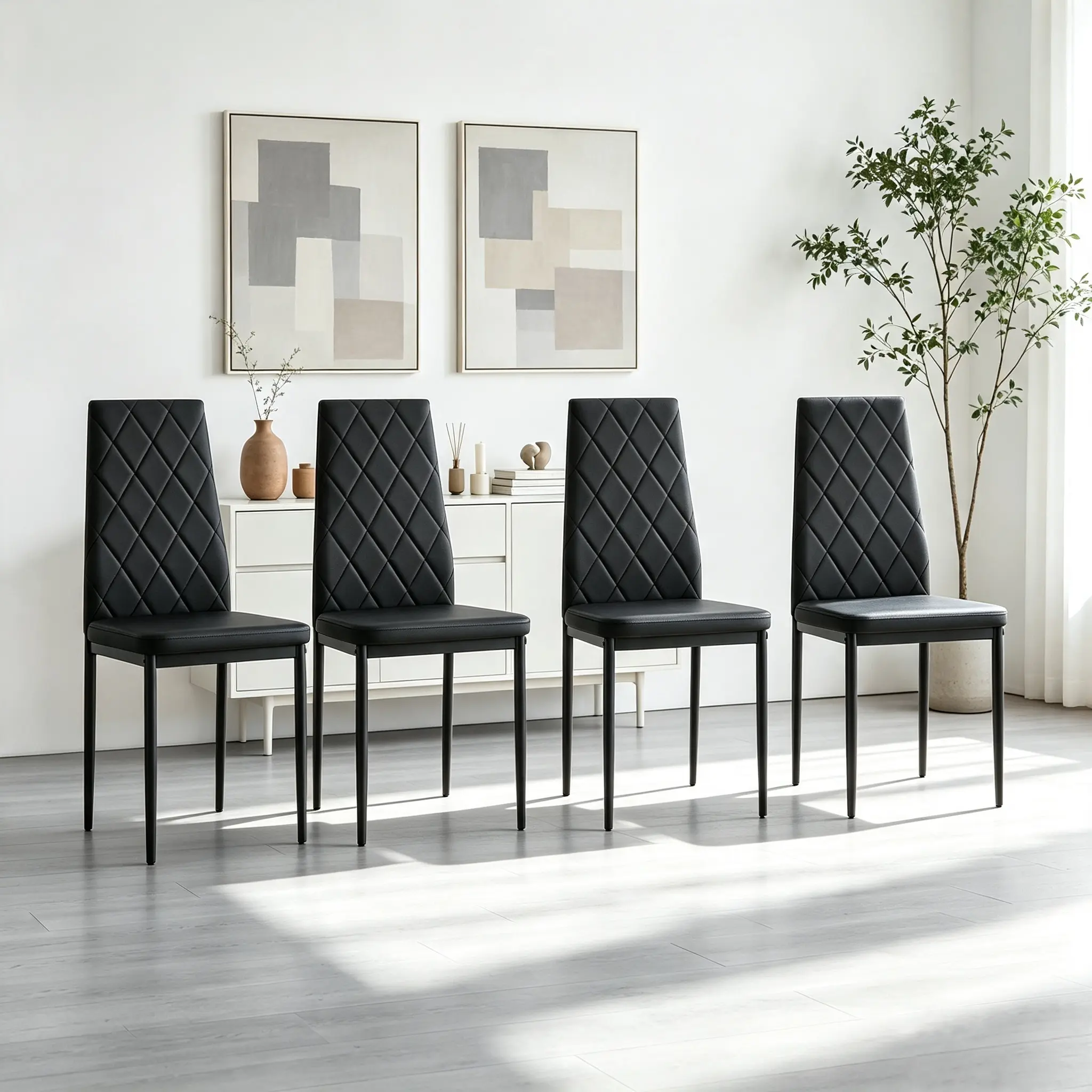 Modern 4-Pack PU Leather Dining Chairs, Diamond Stitched Upholstered Kitchen Seating with Ergonomic Backrest for Dining Room/Apartment, Black