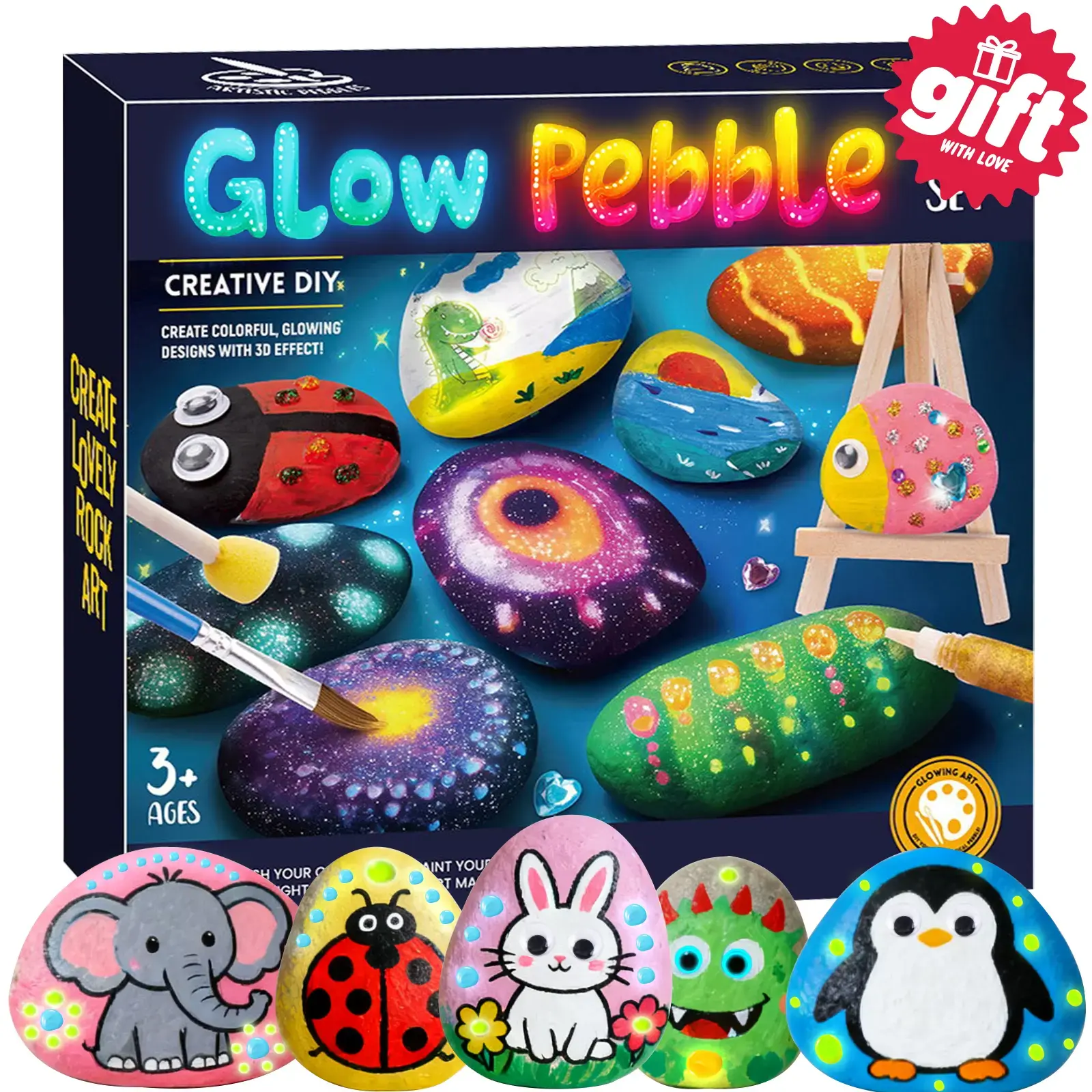 Glow in the Dark Rock Painting Kit for Kids - DIY Arts & Crafts Sensory Toy with Glitter Glue, Luminous Pigments, Standard Paints, Brushes, Assorted Colors - Ages 6-12 Valentine/Birthday/Christmas Classroom Gift, Paint Brushes