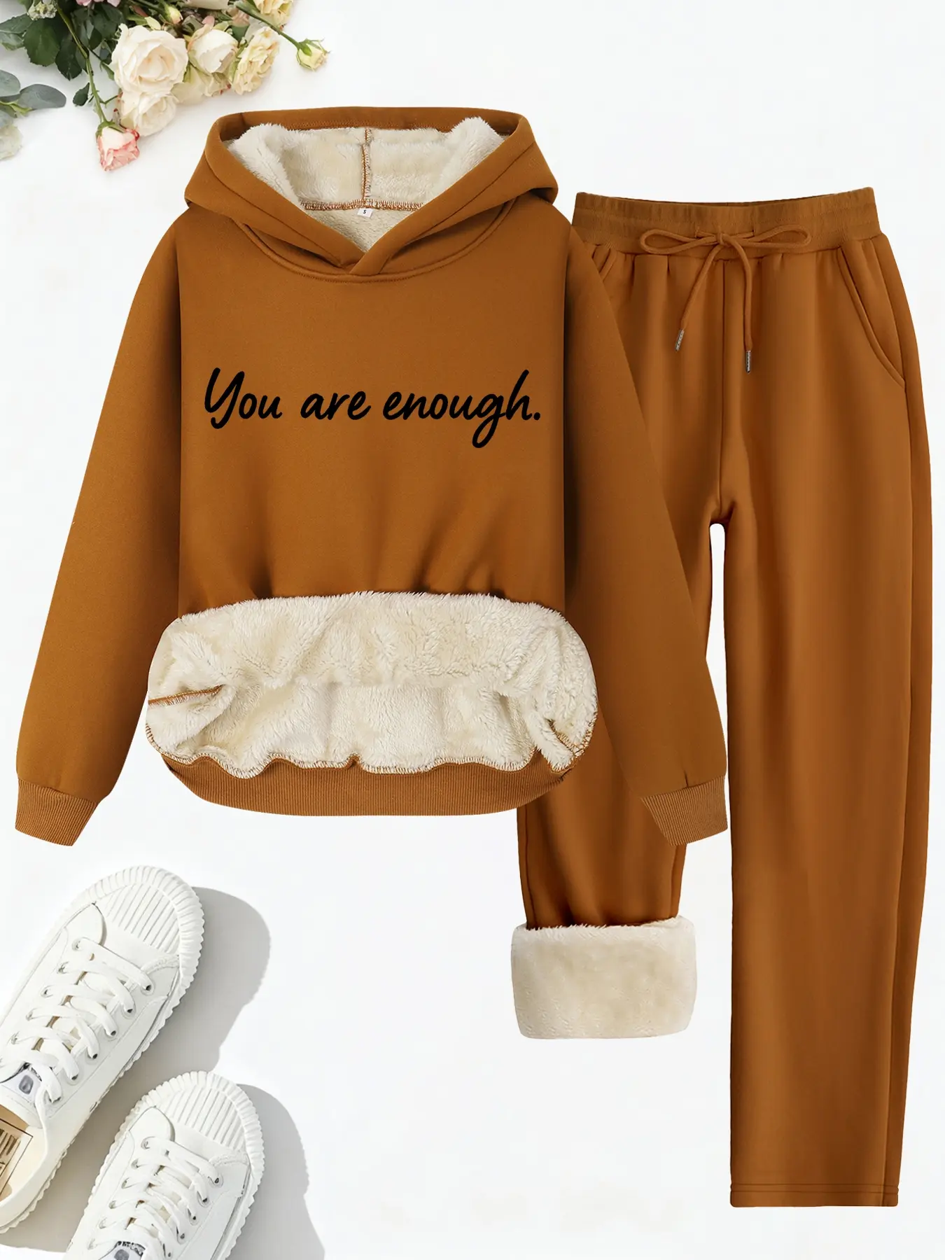 Women's Casual Hooded Sweatshirt & Pants Set, Thick Fleece Lined Knit Long Sleeve Top & Straight Leg Bottoms, Fall Winter