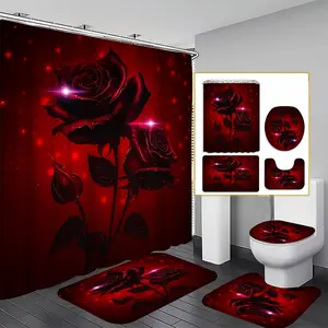 1/3/4PCS Glowing Rose Bath Curtain Set, 71x71 Inches, Includes Background Pattern, Comes with 12 Hooks, 1/3/4pcs Options, Shower Curtain Set