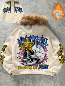 Men's Y2K Gothic Skull Graphic Zip-Up Hoodie - Faux Fur Trim Hooded Sweatshirt with Star Print Sleeves, Retro Punk Streetwear for Winter, Oversized Cyber Aesthetic Fleece Jacket for Rave & Clubbing.